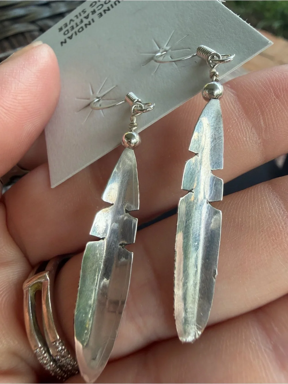 Navajo Handmade Sterling Silver Feather Drop Earrings - Silver